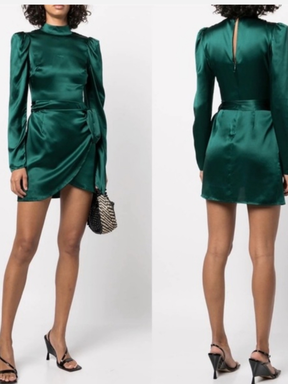 NWT Reformation 100% Silk Josefine Emerald Green Puff Sleeve Wrap Mini Dress